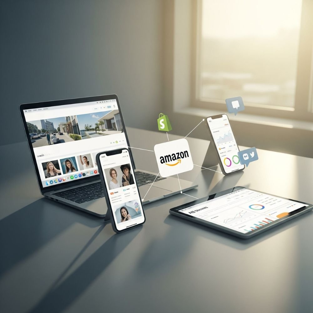 Digital marketing and e-commerce management concept showing Amazon, Shopify, and analytics on laptop, smartphone, and tablet